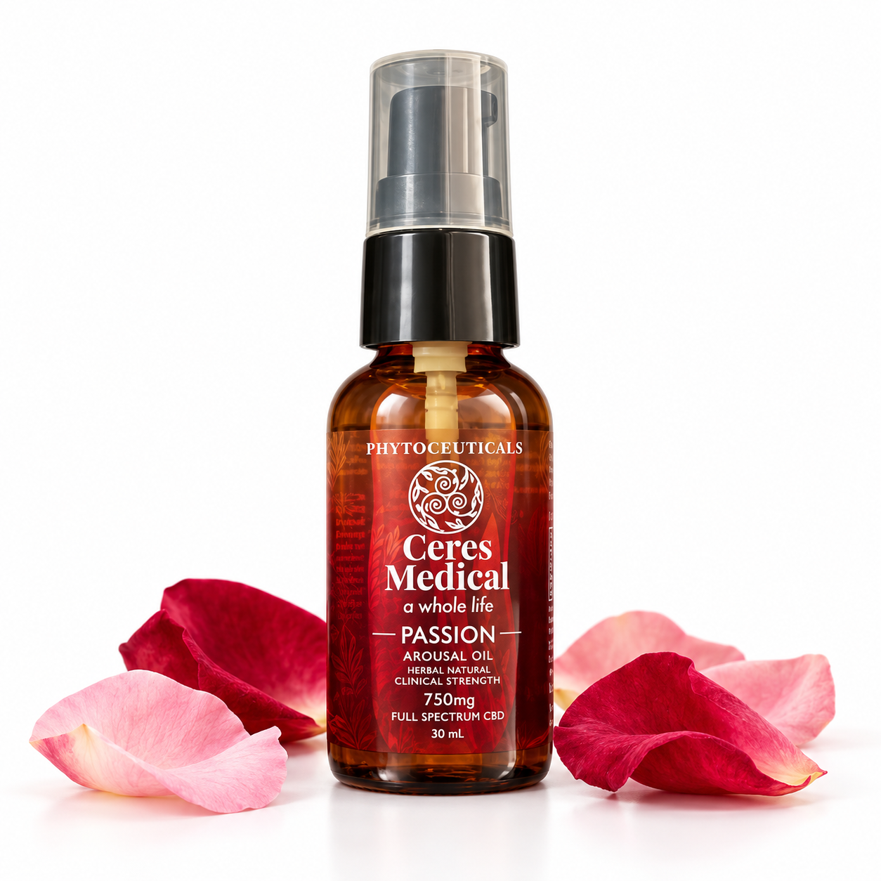 Ceres PASSION Arousal Oil with rose petals on a white background
