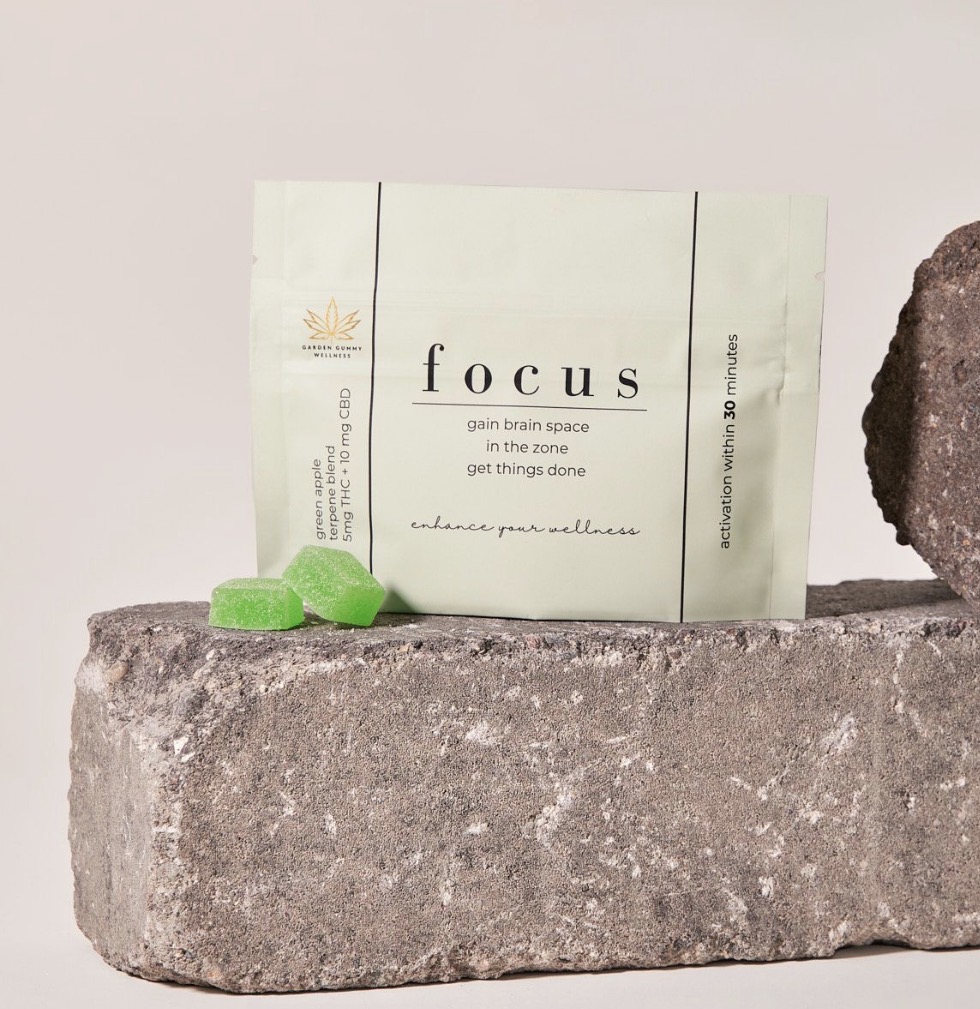 Garden Gummies Focus product packaging with gummies