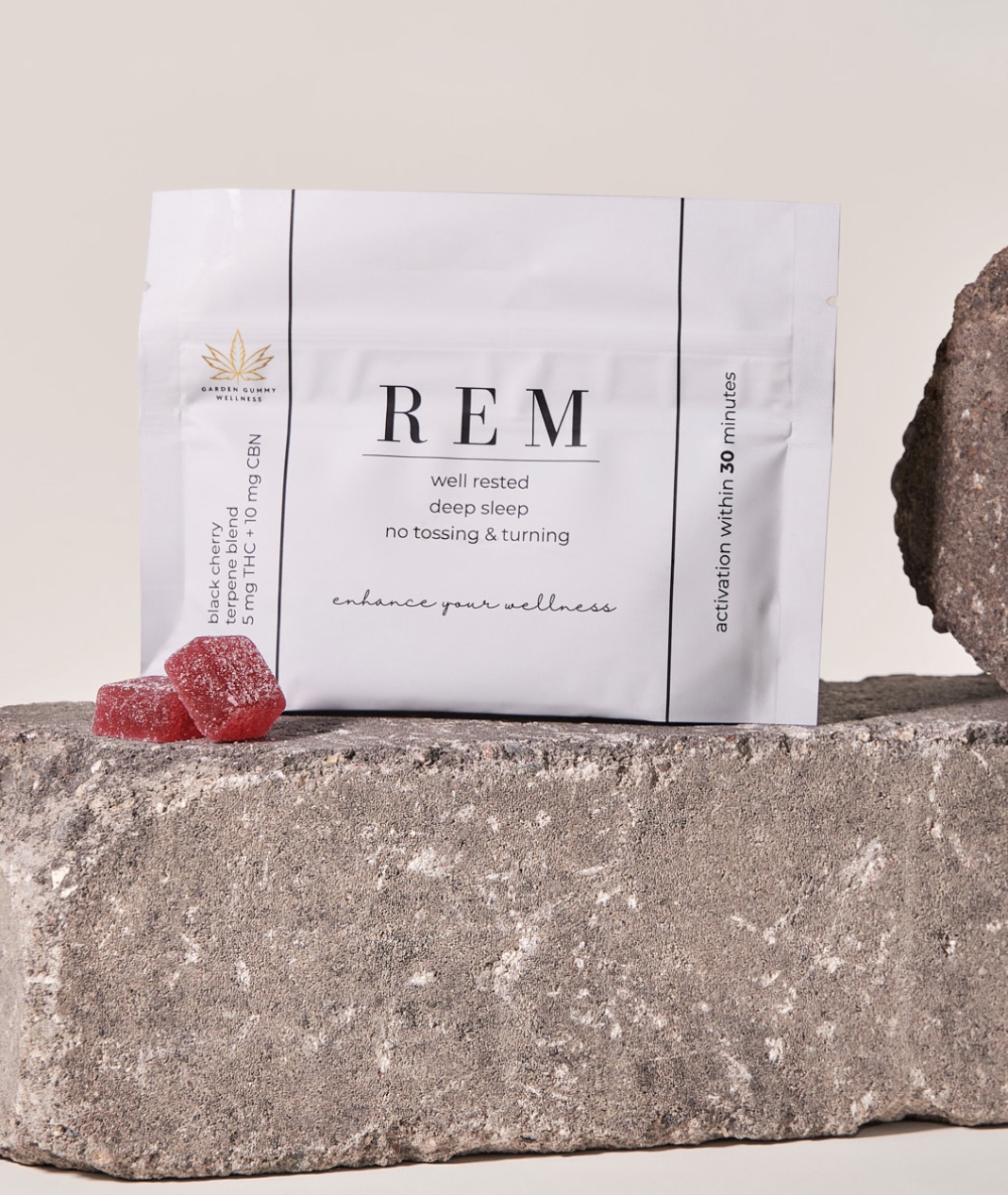 Garden Gummies REM product packaging with gummies