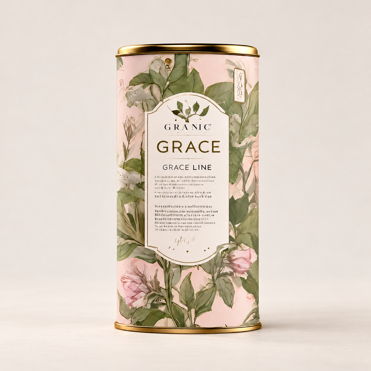Grace botanical tea tin on a neutral cream studio backdrop